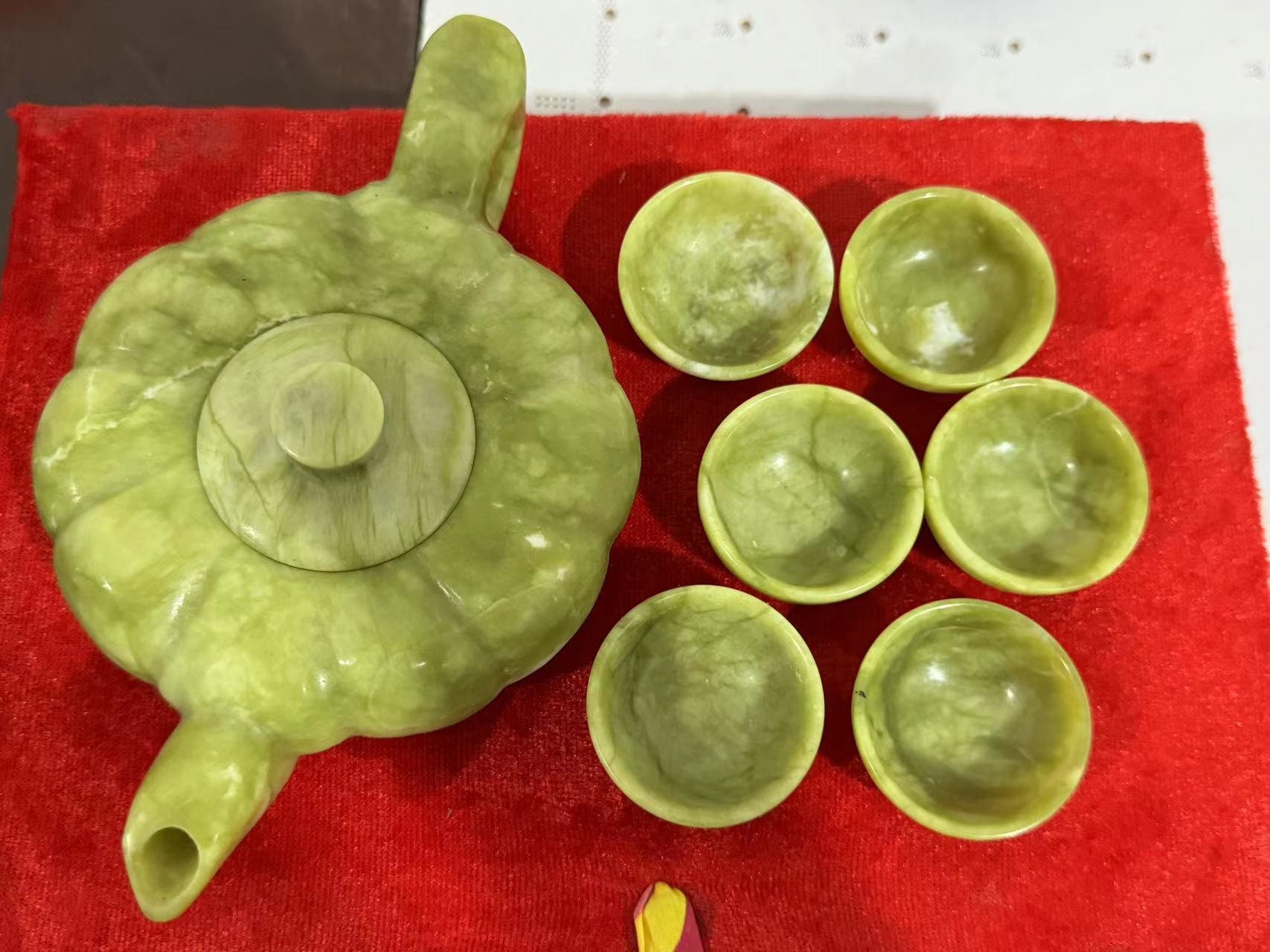 Jade Tea Set Tea Pot 6 Cups in Box, Natural Jade Healing Health Crystal ...