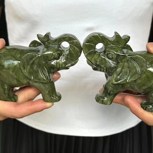 Para Good Fortune naturalna zielona statua słonia z jadeitu ręcznie robiona dekoracja domu kryształ uzdrawiający kamień zwierzęta klejnot czakra kwarc prezenty