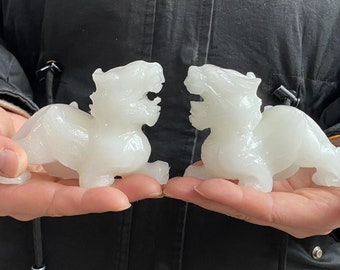 Pair Natural white Jade pixiu statue foo dog lion unicorn statue Unicorn Beast Statue Warding Off Evil Energy Guardion  Lion ornaments decor