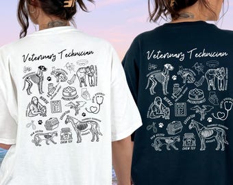 May include: Two white t-shirts with black text and illustrations. The text on the shirts reads "Veterinary Technician". The illustrations are of various veterinary tools and equipment, including a stethoscope, a syringe, a paw holder, and a chew toy.