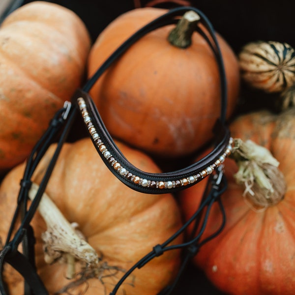 Têtière Noire Pour Cheval – Perles Hématite Et Rondelles Rouges – Neuve