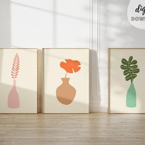 Modern Abstract Botanical Prints Set of 3, Printable Wall Art, Wall Decor, Vase Wall Art, Organic Shape Art, Digital Download