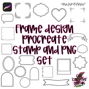 May include: A digital collection of black and white line art frames, shapes, and decorative elements. The text reads Frame design Procreate Stamp and PNG set and Core Collective Digitals. Includes various borders, a heart, banners, and speech bubbles.