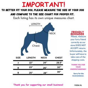 May include: A size chart for dog clothing with a blue silhouette of a dog showing measurements for length, chest, and neck. The chart includes sizes 7, 8, and 9 with measurements in inches for length, neck, and chest.