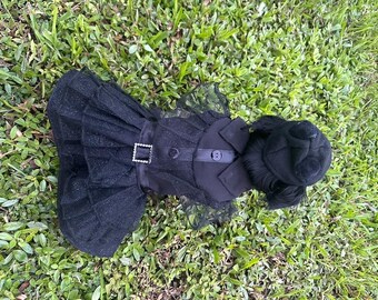 Pet Dog Cat Wednesday Dress Addams Costume Cosplay Cute Puppy Kitten Black Coat Clothes With Belt Halloween Party Dress Up Pretend Play For Small Medium Dogs