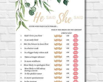 He Said, She Said Bridal Shower/Party Game, Wedding Reception Activity, Printable Game Sheet