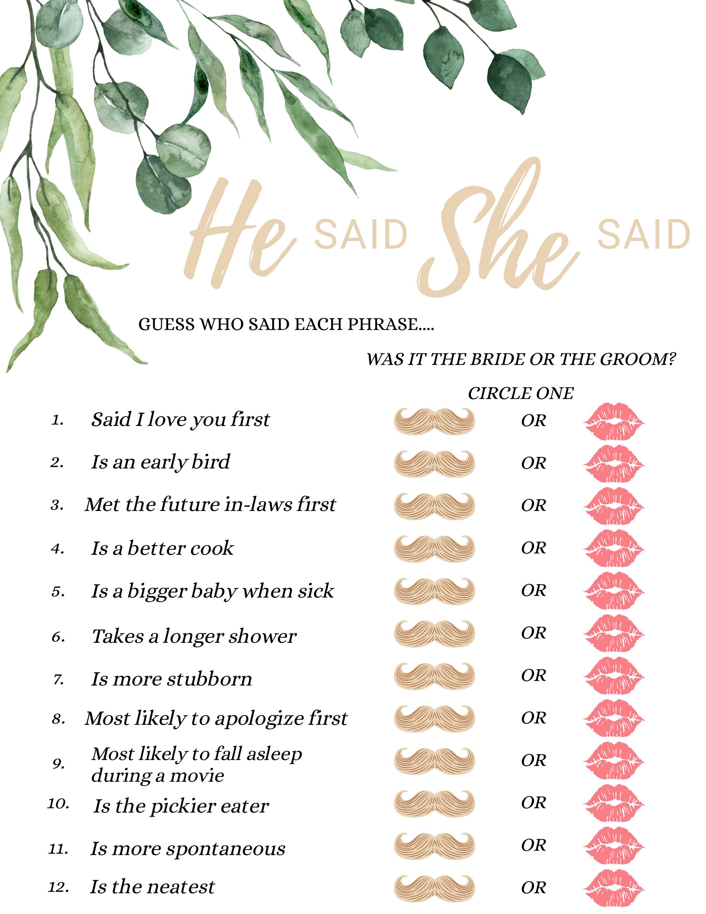 He Said, She Said Bridal Shower/party Game, Wedding Reception Activity
