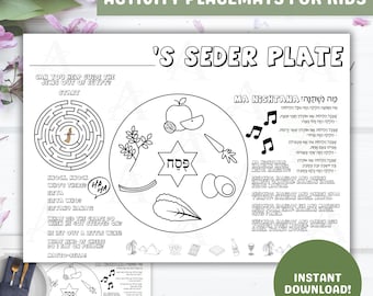 Printable Passover Seder Activity Placemats for kids, Seder Dinner Paper Placemats PDF, Seder Plate Coloring Page, Passover Coloring Page