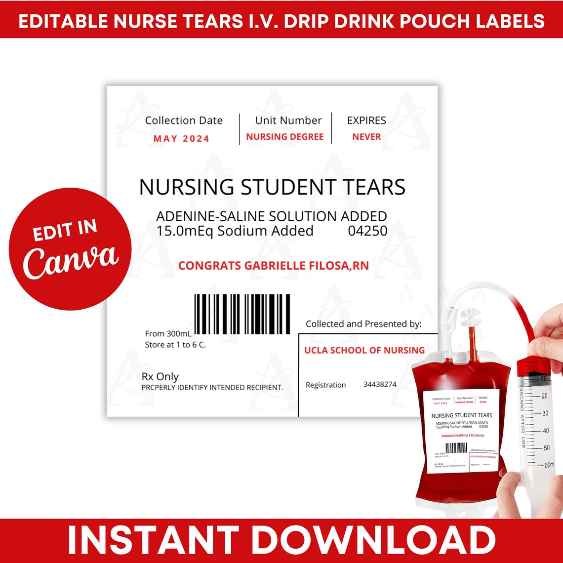 Editable I.V. Drip Drink Pouch Label, Instant Download I.V. Drink Bag ...