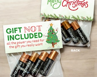 Può includere: Due sacchetti di plastica trasparente contenenti batterie AA Duracell. Il sacchetto anteriore presenta un albero di Natale a cartone animato e il testo GIFT NOT INCLUDED all the power you need for the gift you really want. Il sacchetto posteriore riporta Merry Christmas.