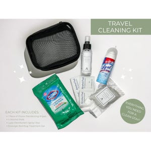 May include: A black mesh travel bag with a variety of cleaning supplies, including Clorox disinfecting wipes, alcohol pads, Lysol disinfectant spray, and a bed bug treatment. The text "TRAVEL CLEANING KIT" is in the upper right corner of the image. The text "EACH KIT INCLUDES" is in the lower left corner of the image, followed by a list of the cleaning supplies included in the kit.