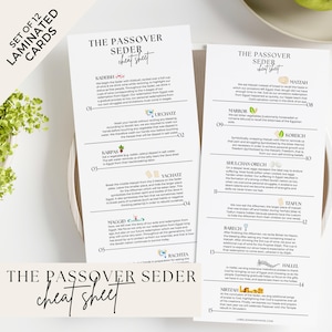 May include: A set of 12 laminated cards with a Passover Seder cheat sheet. Each card features a different step in the Seder, with an illustration and a brief description. The cards are printed on white cardstock with black text and colorful illustrations.