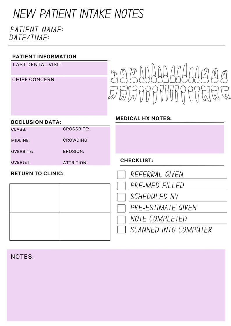Dental New Patient Intake Notes - Digital Download-new Patient Forms ...