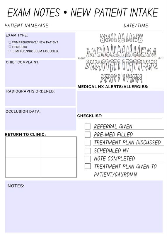 Pediatric Dental New Patient Intake Notes - Digital Download-new
