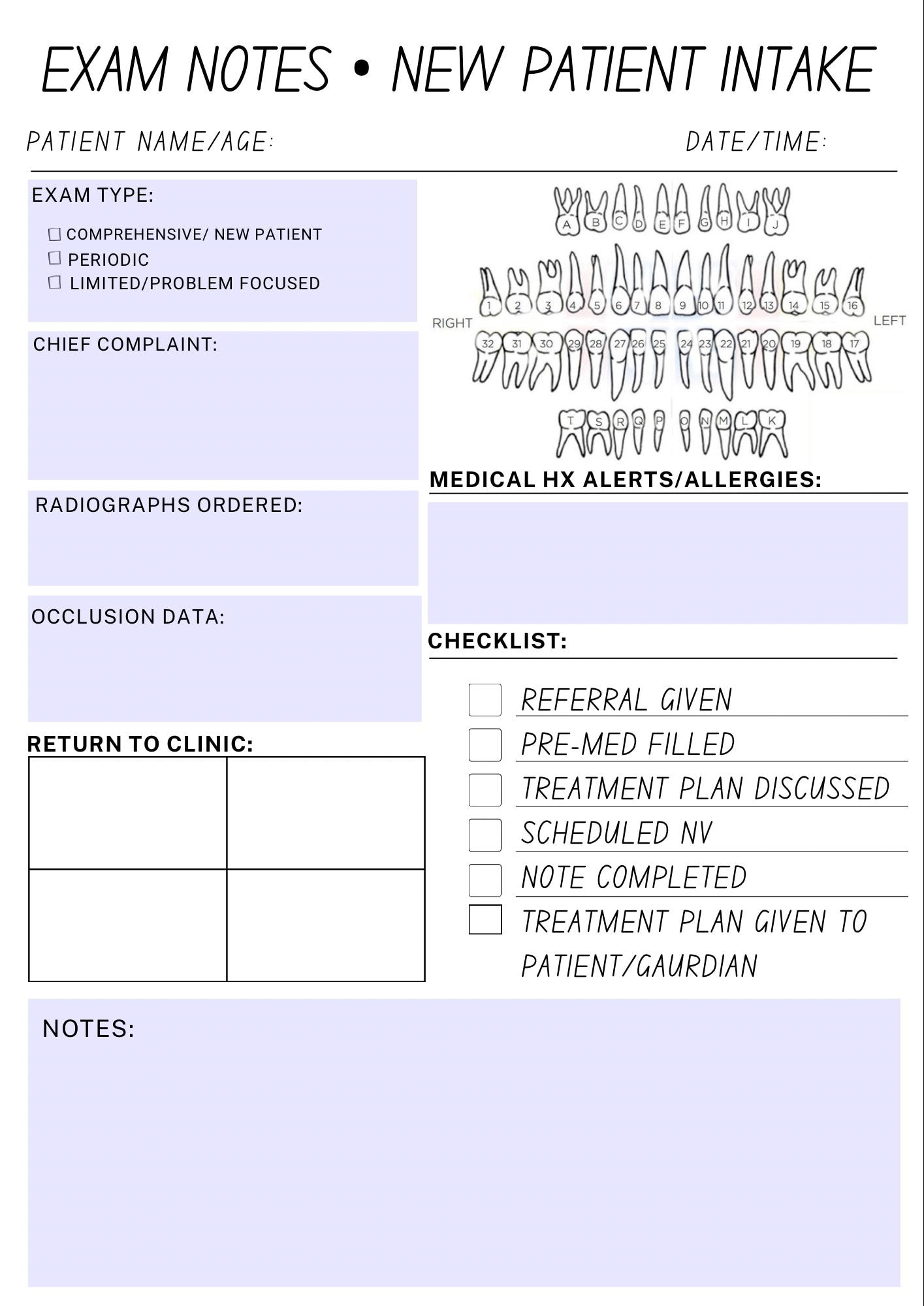 Pediatric Dental New Patient Intake Notes - Digital Download-new