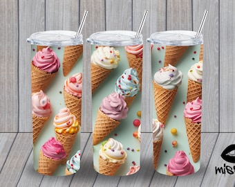 3D Ice Cream, Ice Cream Cones, 3D Realistic, 20 oz Skinny Tumbler Sublimation Design, Straight Tumbler Wrap, Instant Digital Download PNG