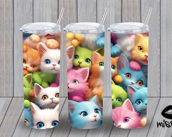 3D Kittens, Cats, Kids Cartoons, 3D Realistic, 20 oz Skinny Tumbler Sublimation Design, Straight Tumbler Wrap, Instant Digital Download PNG