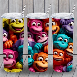 Małpy 3D, Małpa, Kreskówka, Realistyczne 3D, 20 oz Skinny Tumbler Sublimacja Projekt, Proste Tumbler Wrap, Natychmiastowe Pobieranie Cyfrowe PNG