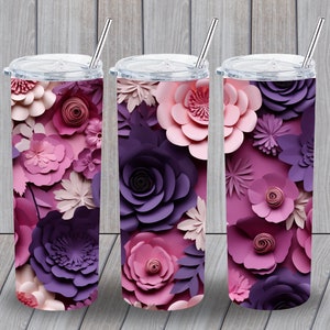 3D Floral, Paper Flowers, 20 oz Skinny Tumbler Sublimation Design, Straight Tumbler Wrap, Instant Digital Download PNG
