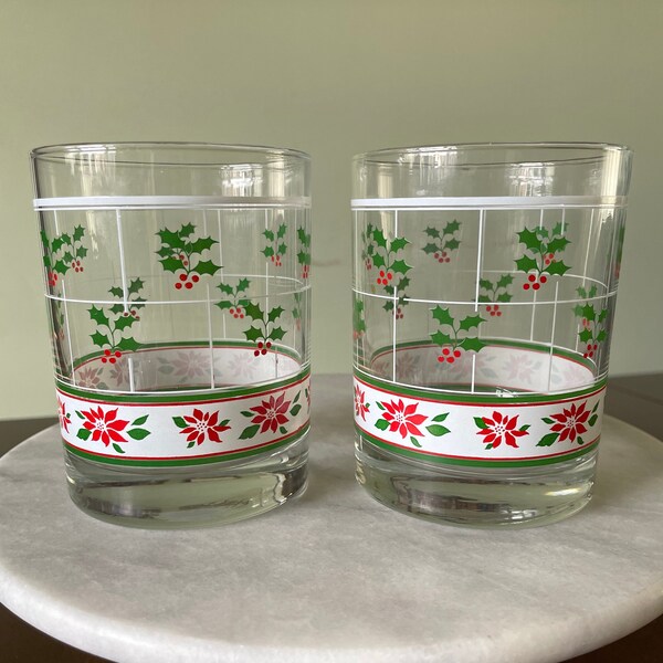 Vintage Pair of Christmas Holly and Poinsettia Whiskey Glasses