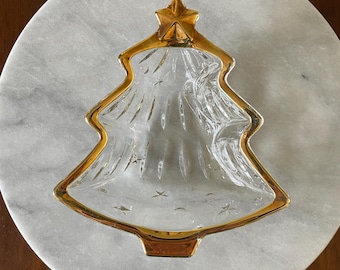 Vintage-Weihnachtsbaum-förmige Glasschale mit Goldrand