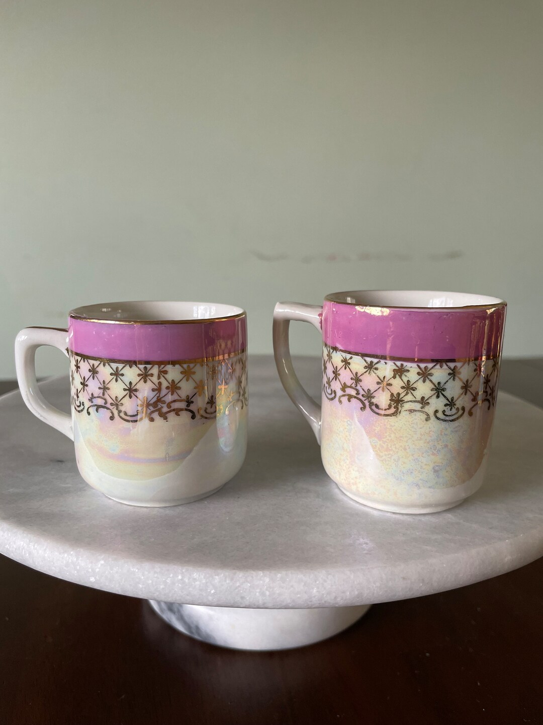 Pair of Vintage Iridescent Tiny Tea Cups With Pink Trim Etsy