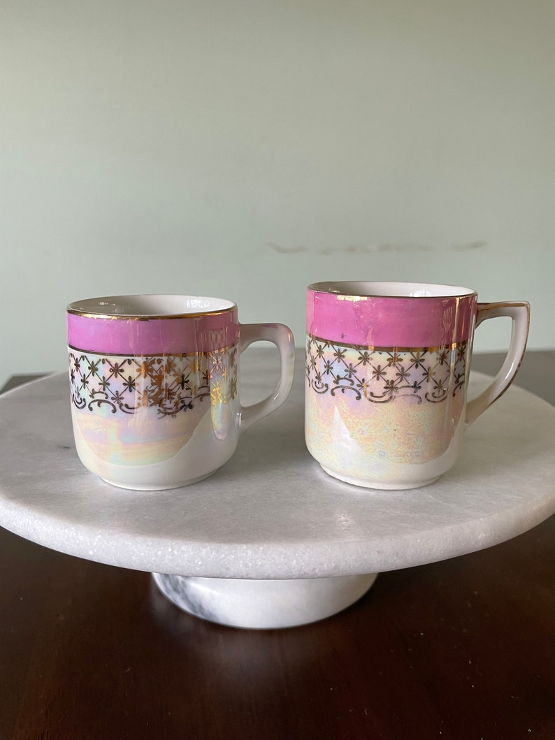 Pair of Vintage Iridescent Tiny Tea Cups With Pink Trim Etsy