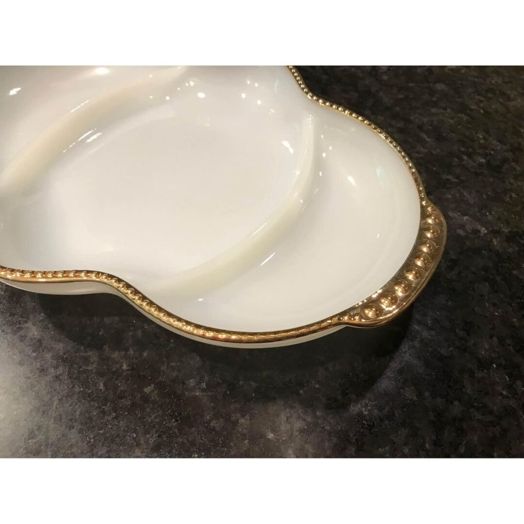 Vintage Fire King White Milk Glass With Gold Trim Divided Dish 3