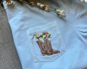 Embroidered Boots and Flowers Pocket Tee – Comfort Colors Cotton Shirt