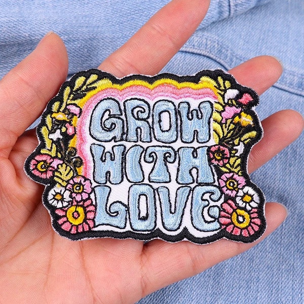 Parche Grow with Love-plancha para moda DIY, parche bordado, parche con letras para ropa, parches termoadhesivos para coser en ropa