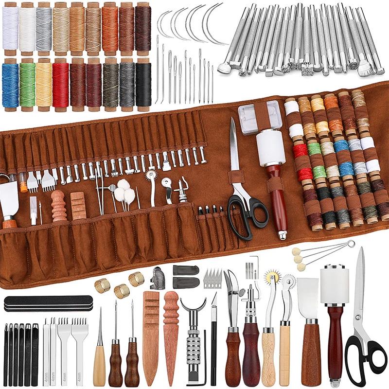 Leather Working Kit: Craft Tools, Sewing Thread, Curved Needles & Groover for Carving, Punching, Stamping Supplies