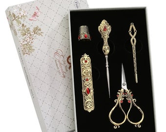 Vintage European-Style Tailor Sewing Scissors Kit with Thimble and Embroidery Needlework - Perfect Sewing Shears Gift for Her Golden