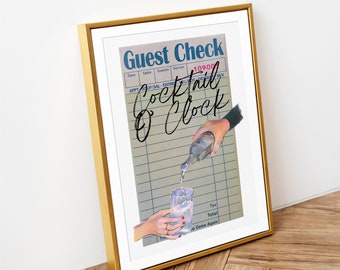 Cocktail O' Clock Guest Check Wall Art, Guest Check Print, Vintage Alcohol Poster, Bar Cart Print, Bar Cart Sign, Preppy Room Decor