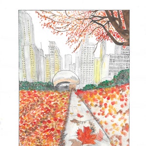 Chicago Bean caduta pittura acquerello; Originale e Stampa; Scenario cittadino