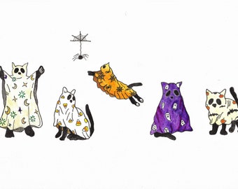 Halloween Cats; Spooky Cats; Ghost Cats; Funny; Watercolor Painting Print