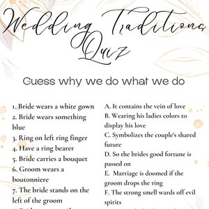 Wedding Traditions Quiz Downloadable Printable Game Bridal Shower Bachelorette Wedding Activity with Answer Key