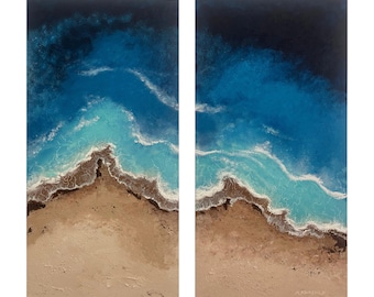 Original Art Hand Painted Beach Waves, Acrylic on Canvas, (2) 12"x24" Acrylic Paintings, Coastal Painting, Ocean Wall Art, Nautical Wall Art