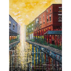 Original Artwork Hand Painted Sunset on the Canal, Oil on Canvas, Textured Impasto Oil Painting, 36x48 Oil Painting, Palette Knife Painting