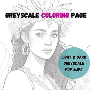 Hawaiian Adult Coloring Page Greyscale | Light Dark Grayscale Portrait Woman Illustration | Hawaiian Colouring Instant Download JPG PDF