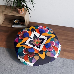 Boho Chic Large Floral Design Tufted Floor Pillow, Round