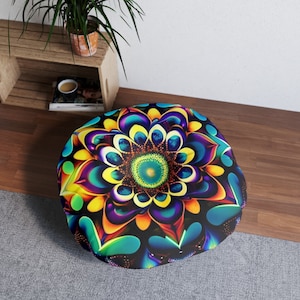 Cosmic Chic Large Kaleidoscope Design Tufted Floor Pillow, Round