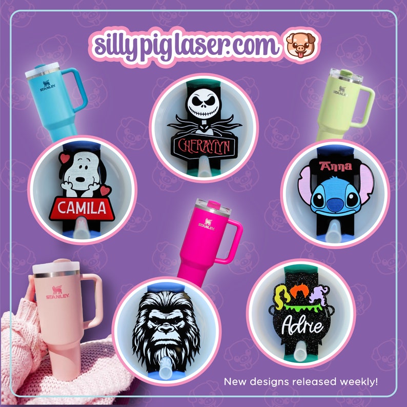 Puede incluir: Una colecci&oacute;n de vasos t&eacute;rmicos personalizados de colores vivos con varios dise&ntilde;os, incluyendo un perro de dibujos animados, un personaje espeluznante, un monstruo azul, un gorila y un caldero. El texto "silly pig laser.com" est&aacute; en la parte superior de la imagen. El texto "&iexcl;Nuevos dise&ntilde;os lanzados semanalmente!" est&aacute; en la parte inferior de la imagen.