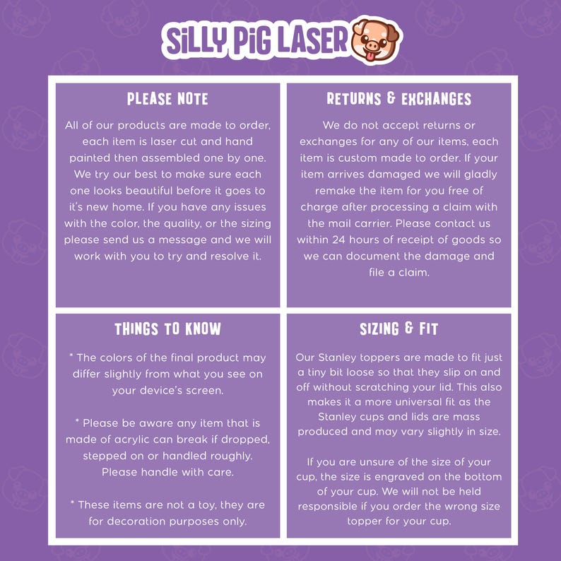 Puede incluir: Una gu&iacute;a ilustrada rosa y blanca con informaci&oacute;n sobre productos personalizados cortados con l&aacute;ser, incluyendo detalles sobre devoluciones, cambios, tallas e instrucciones de cuidado. La gu&iacute;a presenta un cerdo de dibujos animados con un rayo l&aacute;ser.