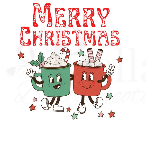 Christmas Cute Retro Nostalgic Cartoon Mugs, Coffee, Hot Cocoa, Tea, Cinnamon Sticks, Candy Cane PNG Digital File