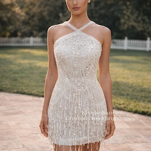 Short fringe wedding dress. Short beaded wedding dress. Halter neck dress. Sparkly dress. After party dress.