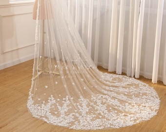 Church veil with 3d flowers and luxurious beading. Long veil for the bride. Custom veil upon request.