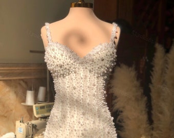 Short beaded wedding dress. Bridal dress. Party dress. Cocktail dress. Mini wedding dress.