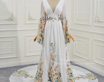 Romantic boho lace wedding dress. Colorful floral lace wedding dress. Custom-made dress.
