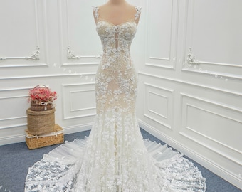 3d floral mermaid wedding dress. Corset wedding dress. Custom wedding dress. Evening dress. Bridal dress. Floral lace dress.