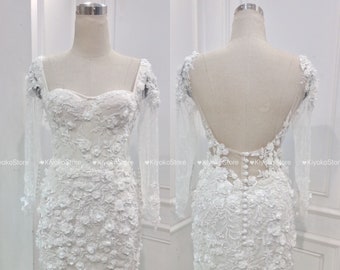 Mini wedding dress with 3D flowers. Beautiful short lace wedding dress. Luxurious evening dress. Custom wedding dress.